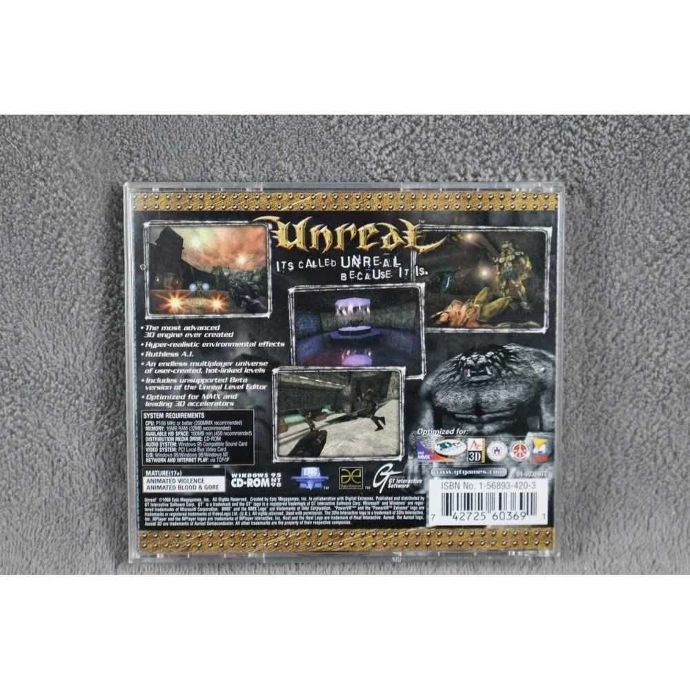 Unreal PC Video Game Windows 98 CD-ROM GT Interactive 1998 Shooter M Multiplayer